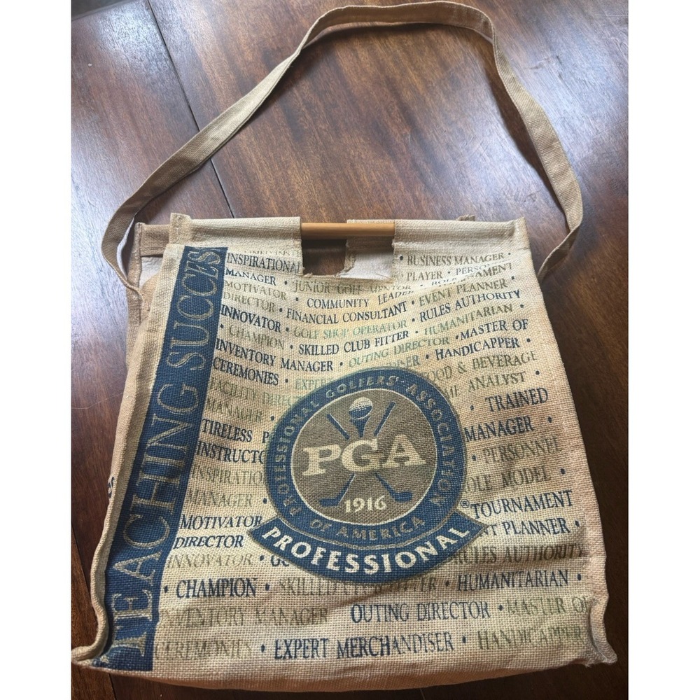 PGA Golf Burlap Tote Bag with Wood Handles & Long Strap